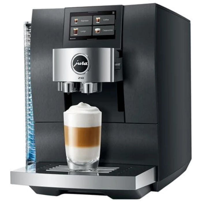 jura z10 aluminium black eb schuin vooraanzicht met latte macchiato op kopjesplateau