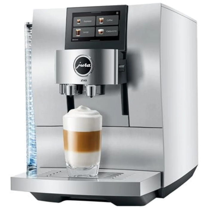 jura z10 aluminium white eb schuin zijaanzicht met latte macchiato op kopjes plateau