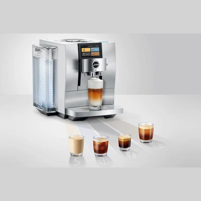 jura z10 aluminium white eb zijaanzicht met koffiespecialiteiten uitgestald