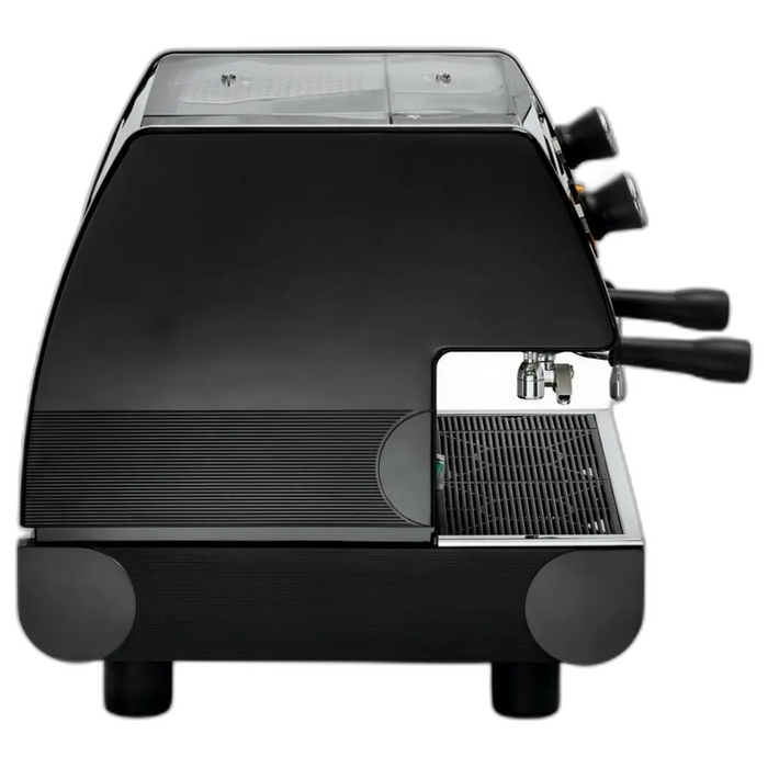 La Pavoni PUB V/2 Enkel Stoom Zwart met twee zetgroepen en zwarte behuizing, zijaanzicht van de espressomachine