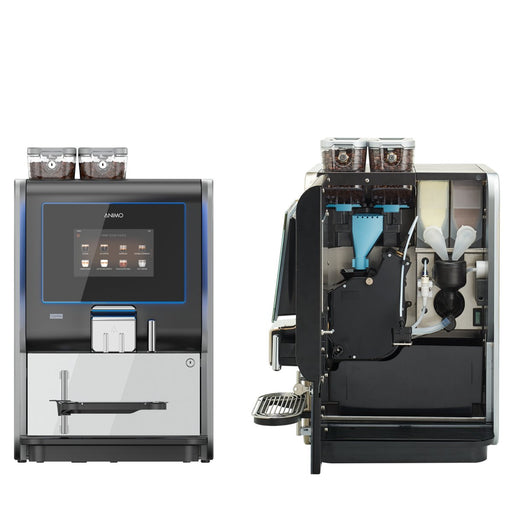 Animo OptiMe 22 FM koffiemachine met dubbele bonenreservoirs en dubbele instantmodules, ideaal voor bedrijven