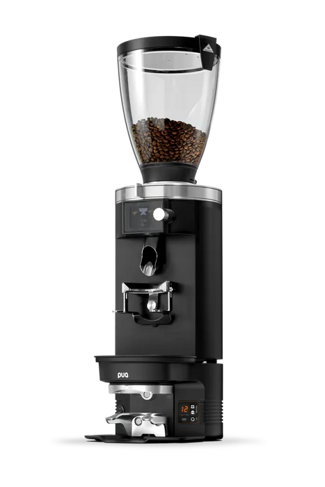 PuqPress M3 automatische koffiestamper geïntegreerd met Mahlkönig E65S molen, zwart design met digitale display
