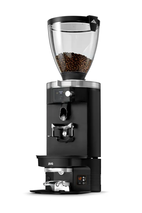 PuqPress M5 automatische koffiestamper voor Mahlkönig E80 met zwarte behuizing en geïntegreerde display