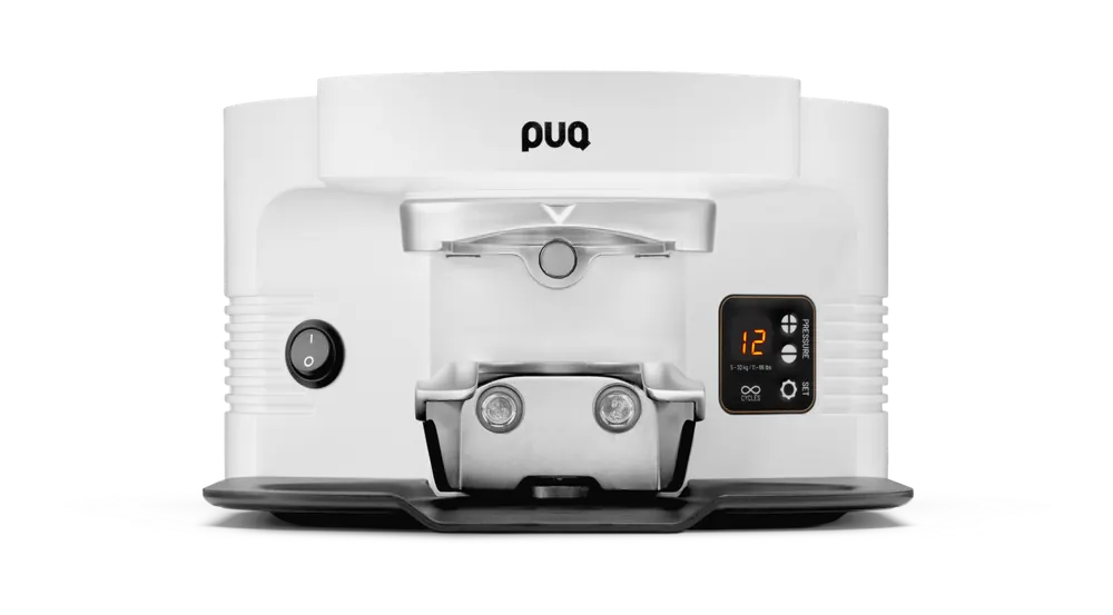 PuqPress M5 automatische koffiestamper met digitaal display voor Mahlkönig E80 in witte afwerking