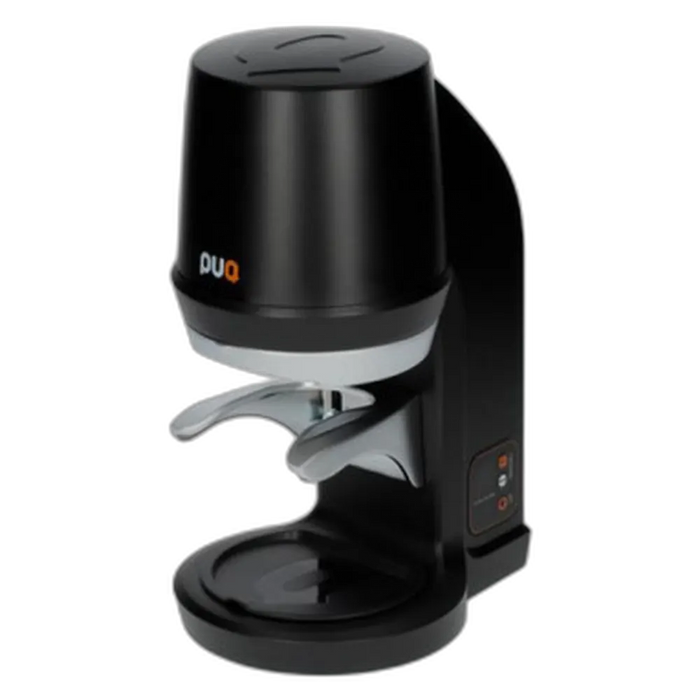 PuqPress Q1 automatische koffie stamper in zwart met zilveren details en instelbare drukknoppen