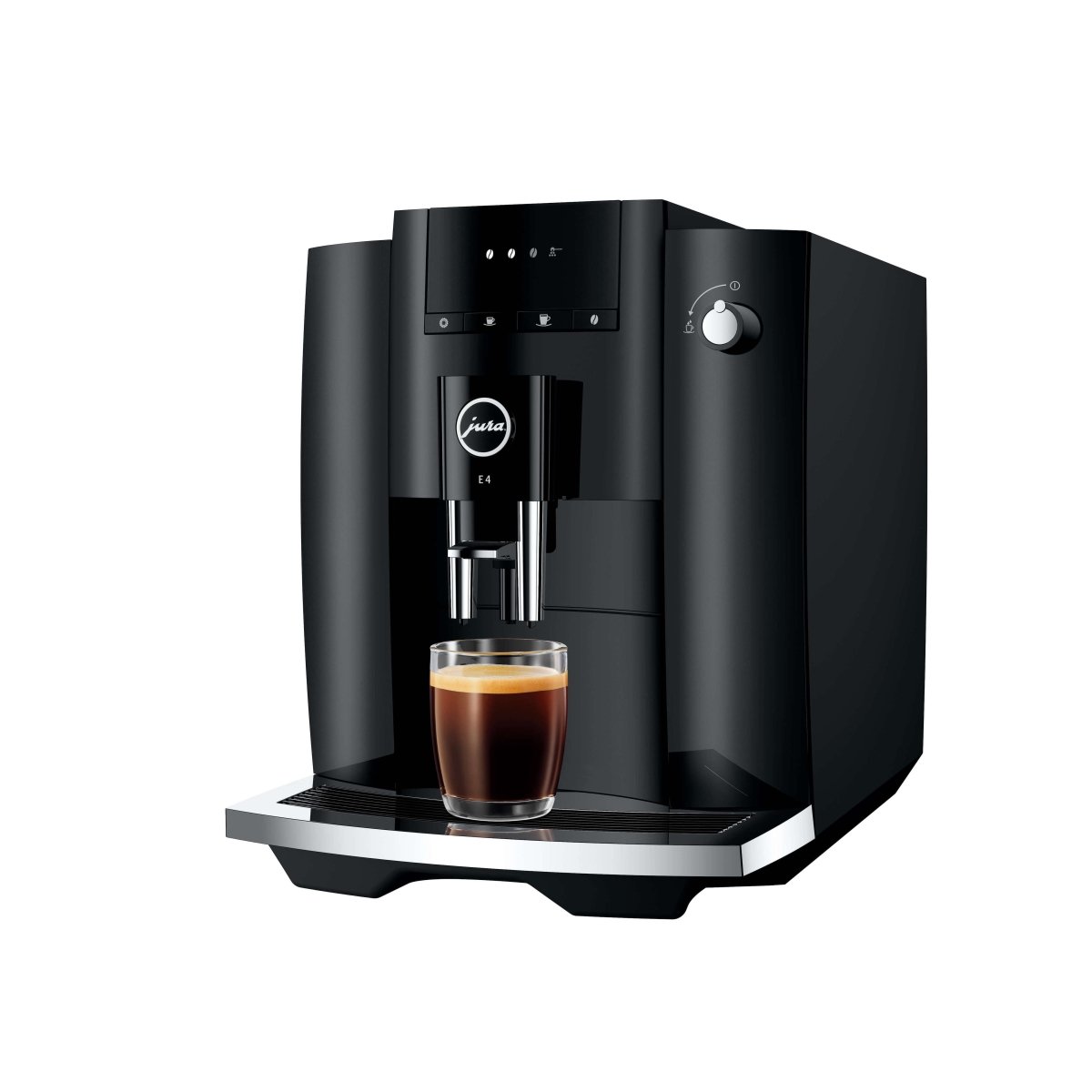 JURA E4 piano black - zwart (EA) koffiemachine schuin vooraanzicht met espresso Arte dell' espressO Zaandam 7610917154357